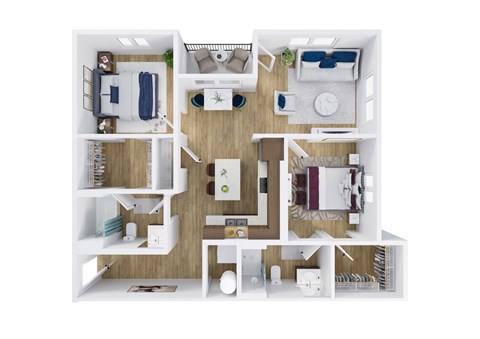 A top-down view of a house layout with multiple rooms and furniture.
